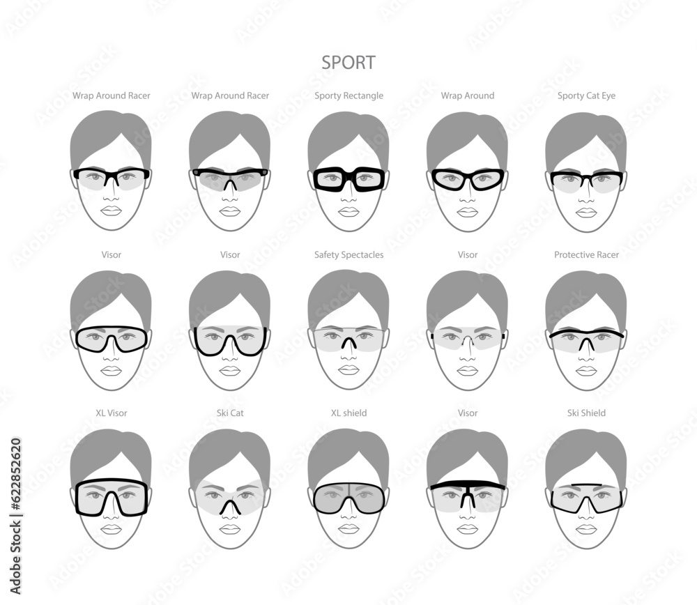Set of Sport frame glasses on women face character fashion accessory illustration. Sunglass front view unisex silhouette style, flat rim spectacles eyeglasses with lens sketch style isolated on white Set of Sport frame glasses on women face character fashion accessory illustration. Sunglass front view unisex silhouette style, flat rim spectacles eyeglasses with lens sketch style isolated on white
