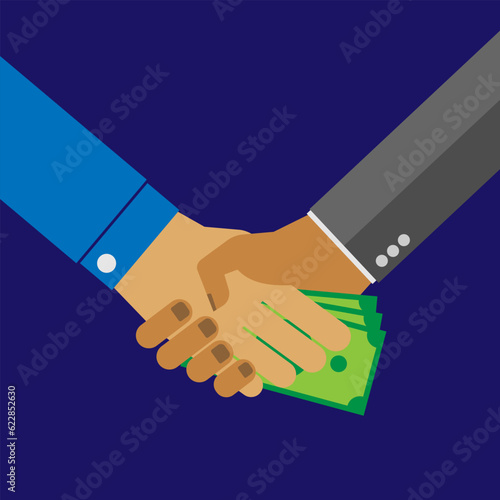 Shake hand with bribe money dark blue background