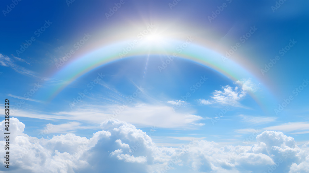 Bright blue sky with halo of sun, clouds and rainbow Bright blue sky with halo of sun, clouds and rainbow