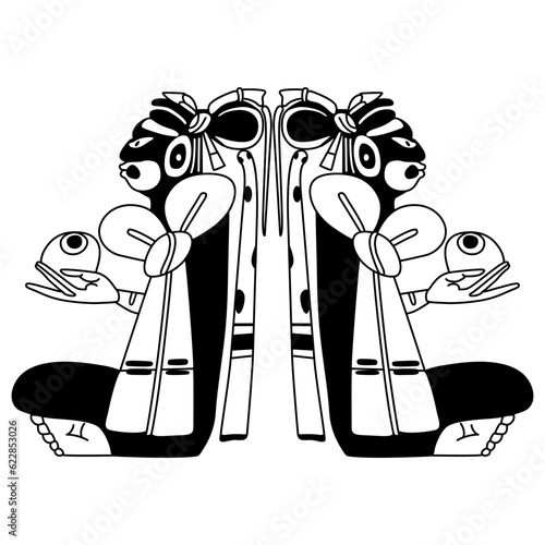 Symmetrical ethnic design with two seated Mayan men. Indigenous native American design. Black and white silhouette.