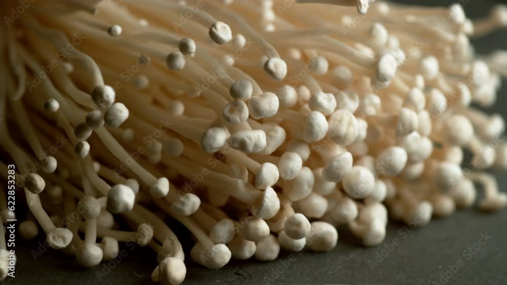 Enoki Mushroom, Close-Up Food Texture. Shot With Phantom Flex 4K Camera. Enoki Mushroom, Close-Up Food Texture. Shot With Phantom Flex 4K Camera.