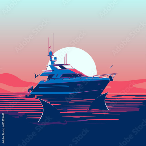 Private yacht sailing in high seas at sunset while shark fins roam near, blue and pink, vectorized illustration