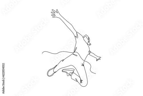 Single one line drawing Happy free people flying, floating and jumping in air. Freedom concept. Continuous line draw design graphic vector illustration.