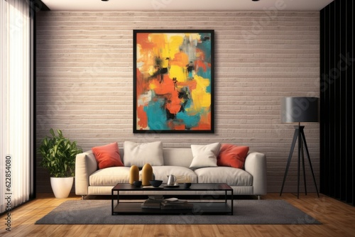 An elegant wall arrangement, featuring a striking abstract painting encased in a chic black frame, enhances the artistic ambiance of the room. Generative AI