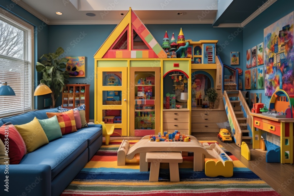 A dynamic playroom loaded with a spectrum of toys, a make-believe kitchen, and a comfortable reading alcove, primed for youthful exploration and enjoyment. Generative AI