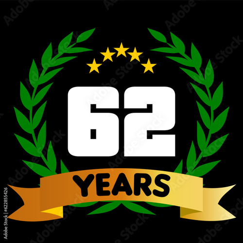 62 years anniversary, colorful with laurel wreath and ribbon