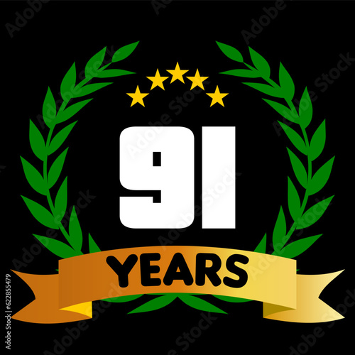 91 years anniversary, colorful with laurel wreath and ribbon