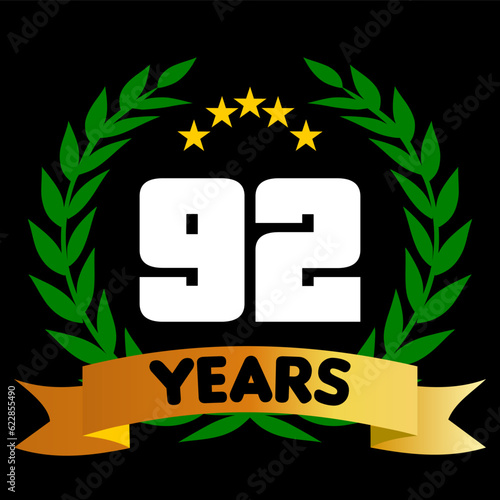 92 years anniversary, colorful with laurel wreath and ribbon