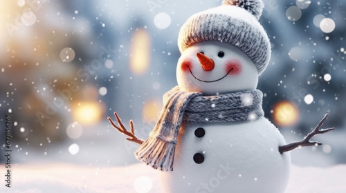 Happy snowman in winter scenery with copy space Generative AI