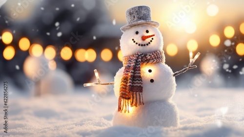 Happy snowman in winter scenery with copy space Generative AI