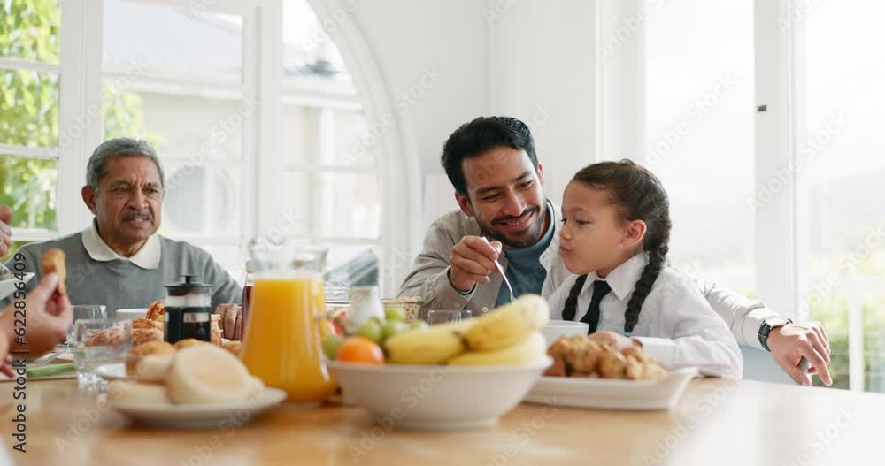 Breakfast, relax and morning with big family at table for food, gratitude and wake up. Love, support and brunch with people eating in dining room at home for nutrition, wellness and health Breakfast, relax and morning with big family at table for food, gratitude and wake up. Love, support and brunch with people eating in dining room at home for nutrition, wellness and health