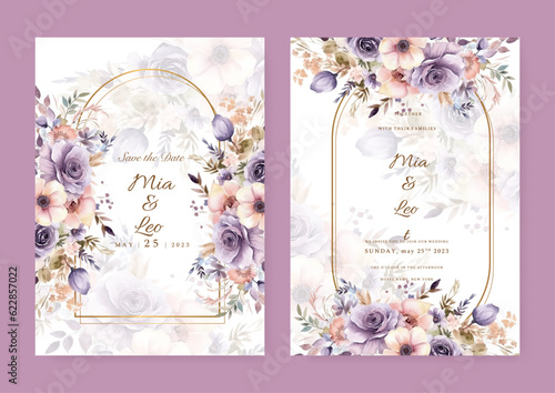 Floral wedding invitation template set with elegant brown leaves decoration. Botanic card design concept