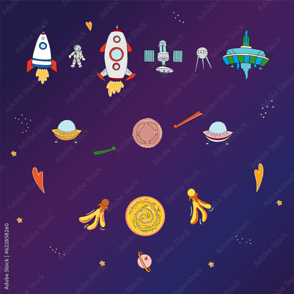 Set of space elements for children textile print. Vector doodle style illustration. Rocket, planet,star,ufo,comet, space satellite, astronaut. Print for kids activity book, textile. Set of space elements for children textile print. Vector doodle style illustration. Rocket, planet,star,ufo,comet, space satellite, astronaut. Print for kids activity book, textile.