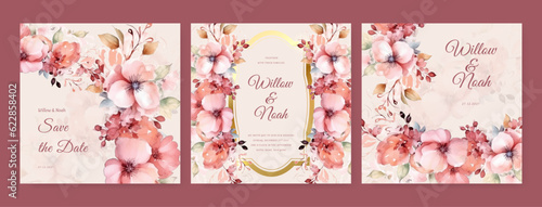Spring Flower watercolor Wedding Invitation set, floral invite thank you, rsvp modern card Design leaf greenery branches with blue background decorative Vector elegant rustic template