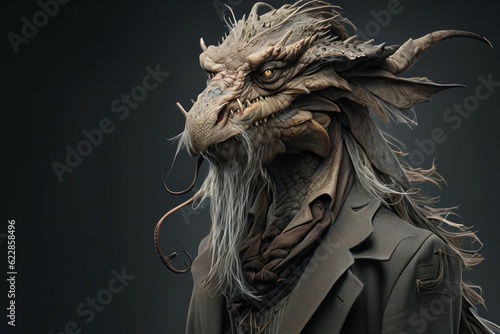 Anthropomorphic dragon dressed in a suit like a businessman. Business Concept. AI generated, human enhanced.