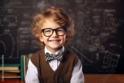 The boy answers at the blackboard in the classroom. Back To School concept. Background with selective focus