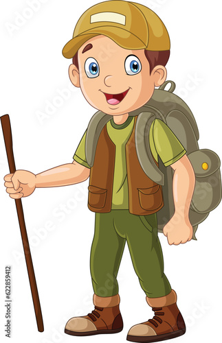 Cartoon hiker boy with walking stick