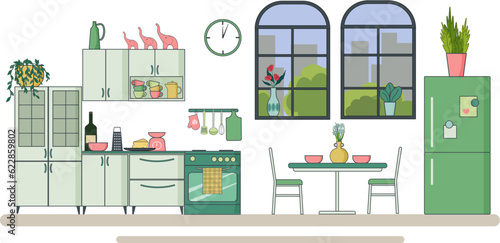 Fototapeta Naklejka Na Ścianę i Meble -  Kitchen interior and dining area with a window. Cabinets, dishes and microwave, refrigerator and stove, table and chairs. Vector. Flat linear illustration. For the design of flyers, brochures and