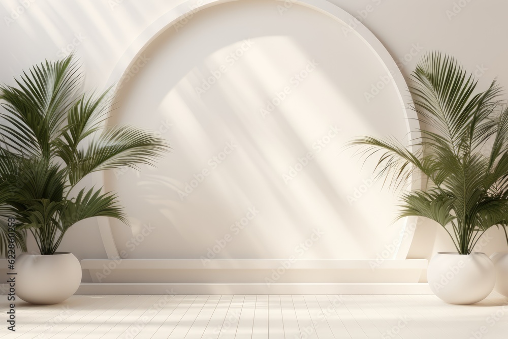 Fototapeta premium Abstract white studio background for product presentation. Empty room with shadows from windows and flowers and palm leaves. 3D room with copy space. Ai generative