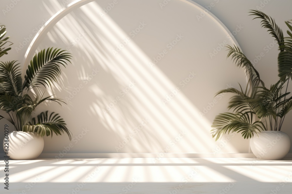 Abstract white studio background for product presentation. Empty room with shadows from windows and flowers and palm leaves. 3D room with copy space. Ai generative Abstract white studio background for product presentation. Empty room with shadows from windows and flowers and palm leaves. 3D room with copy space. Ai generative