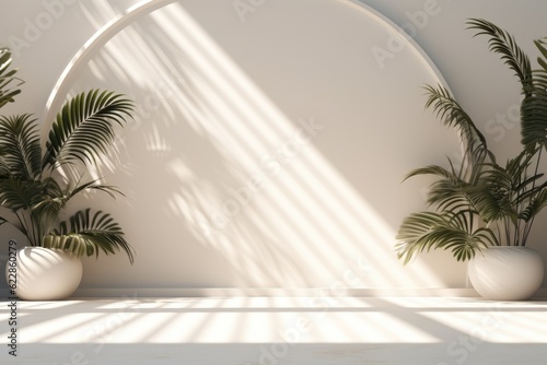 Abstract white studio background for product presentation. Empty room with shadows from windows and flowers and palm leaves. 3D room with copy space. Ai generative