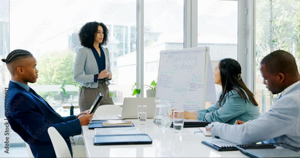 Coaching, questions and woman with business people at whiteboard for feedback, brainstorming or workshop. Planning, teamwork and mentorship, onboarding men and women with ideas for pitch or proposal.