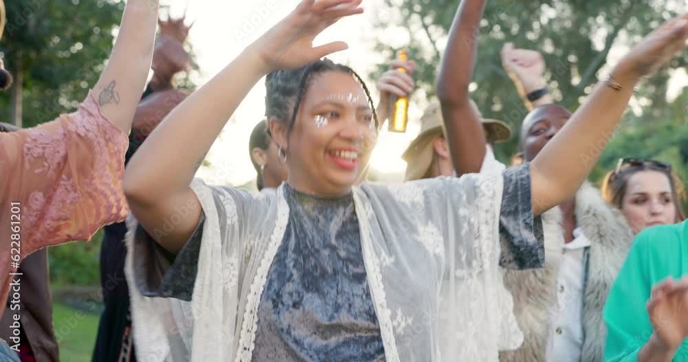 Dance, festival and party with woman in crowd for celebration, concert ...