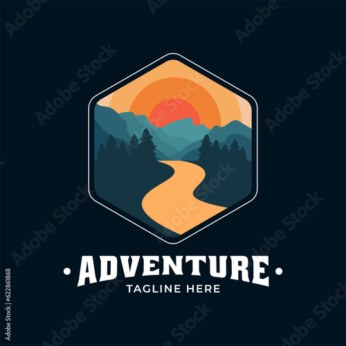 Vintage modern adventure logo with mountain view, river and pine trees. It is suitable for logos of adventurers, nature lovers, mountain climbers, brands, and others.
