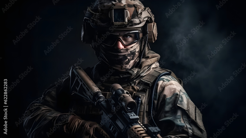 Armeesoldat in Kampfuniform mit Sturmgewehr, Plattenträger und Kampfhelm trägt, Shemagh Kufiya-Schal um den Hals. Studioaufnahme, dunkler Hintergrund, Generative AI Armeesoldat in Kampfuniform mit Sturmgewehr, Plattenträger und Kampfhelm trägt, Shemagh Kufiya-Schal um den Hals. Studioaufnahme, dunkler Hintergrund, Generative AI