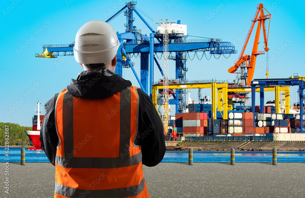 Seaport worker with back to camera. Man works in harbor. Human in