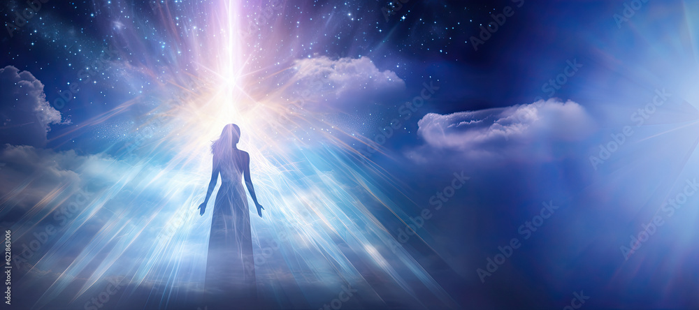 Silhouette of a woman in a dress in the heaven sky with a beam of light overhead. Spiritual or religious concept. Astral body concept. Banner with a copy space. Generative AI. 