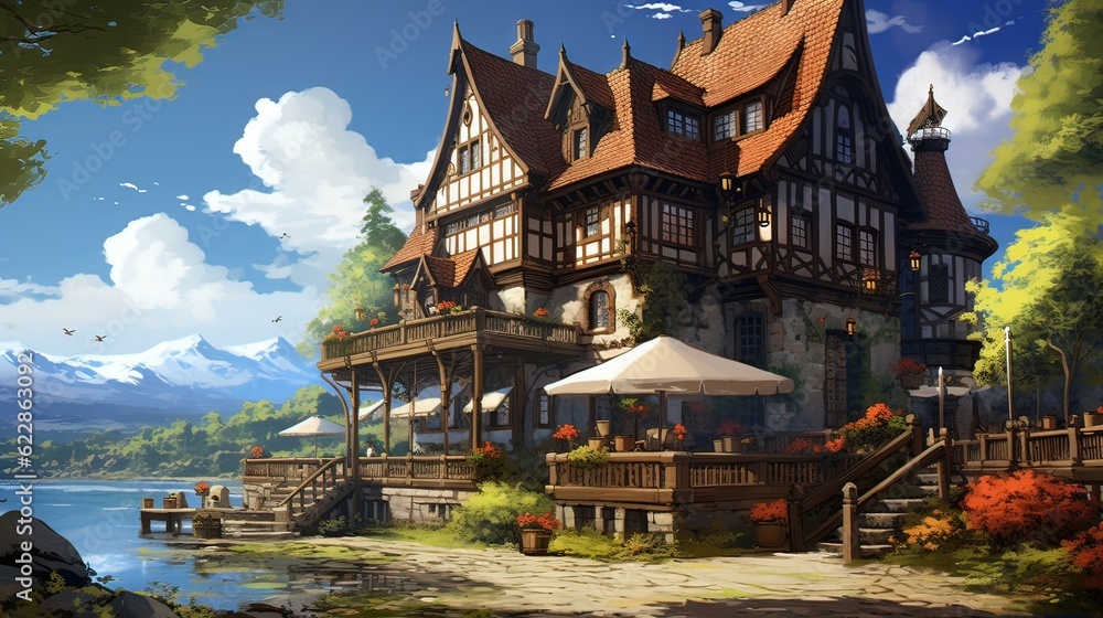Obraz premium Church in the village of saint james. AI generated art illustration.