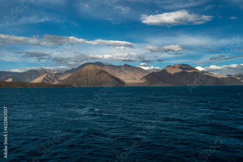 Aerial view of Pangong Tso Lake with mountain range in background, Leh, Ladakh, India. photo