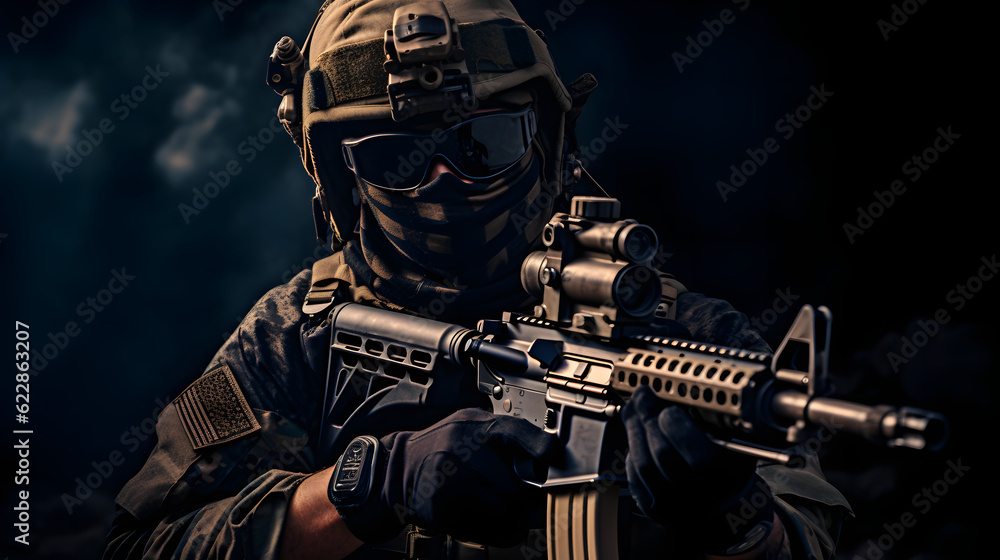 Armeesoldat in Kampfuniform mit Sturmgewehr, Plattenträger und Kampfhelm trägt, Shemagh Kufiya-Schal um den Hals. Studioaufnahme, dunkler Hintergrund, Generative AI Armeesoldat in Kampfuniform mit Sturmgewehr, Plattenträger und Kampfhelm trägt, Shemagh Kufiya-Schal um den Hals. Studioaufnahme, dunkler Hintergrund, Generative AI