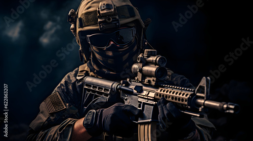 Armeesoldat in Kampfuniform mit Sturmgewehr, Plattenträger und Kampfhelm trägt, Shemagh Kufiya-Schal um den Hals. Studioaufnahme, dunkler Hintergrund, Generative AI