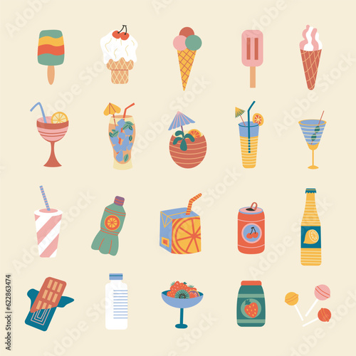 Set of Fruit juices, Retro lemonades, Summer cocktails, Retro ice cream