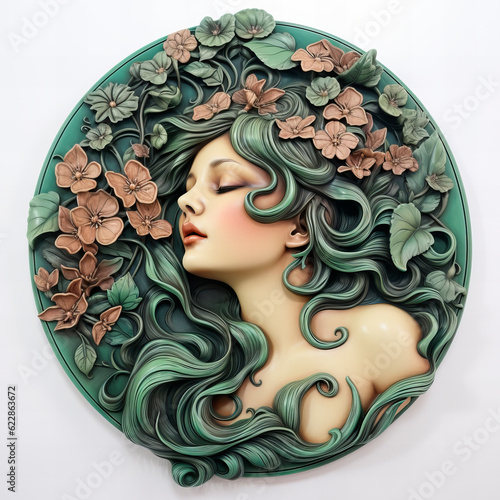 Portrait of a girl with a wreath of flowers, green and bronze decorative art noveau 3d plate, Generative AI photo