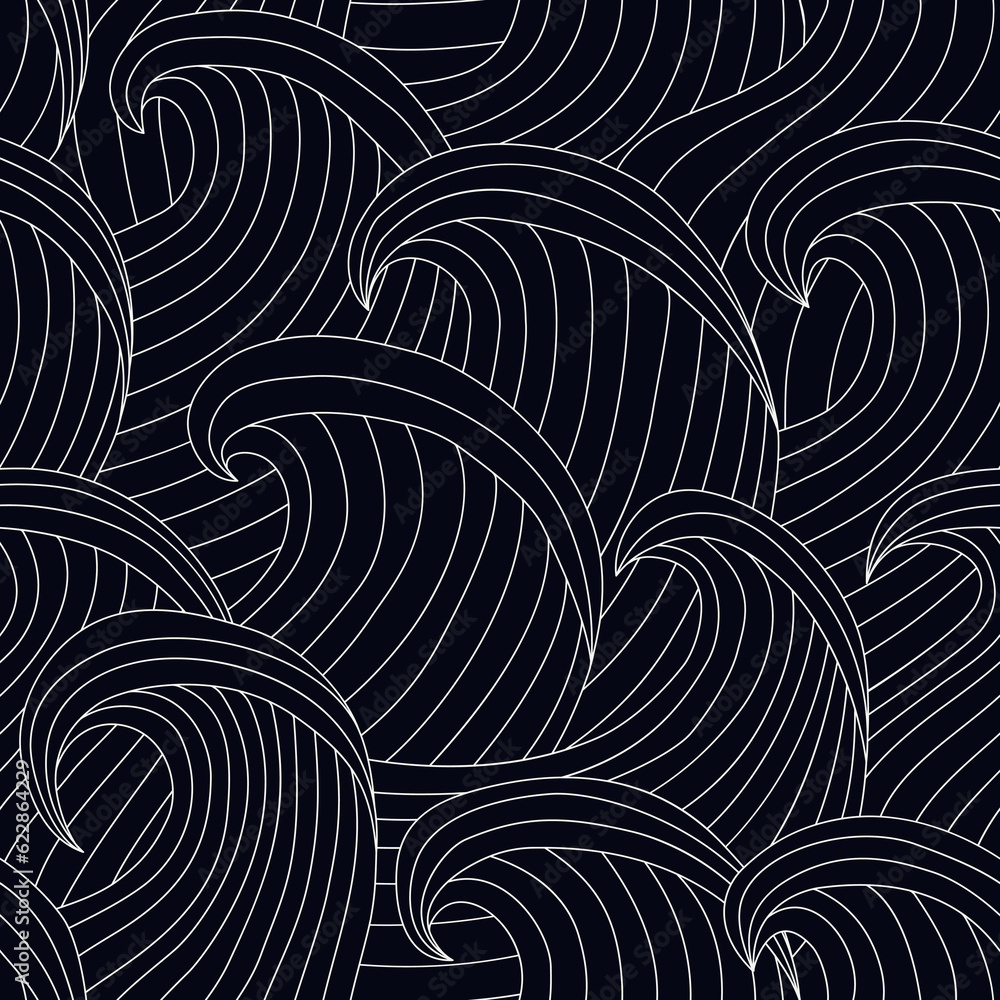 Great waves seamless pattern. Japanese style seascape ornament. Tide motif oriental wallpaper. Hand drawn design nautical print. Freehand background