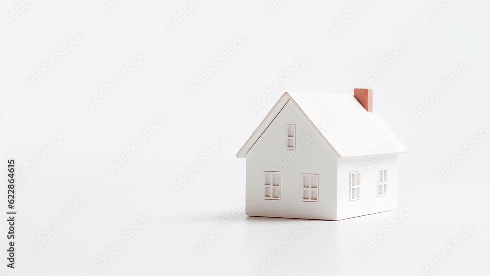 miniature house on white background with copy space. saving money and property investment concept. generative AI miniature house on white background with copy space. saving money and property investment concept. generative AI