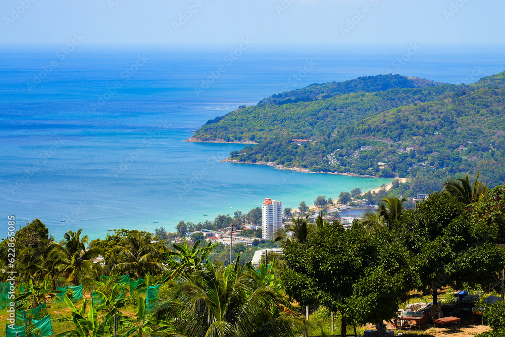 Aerial view of Karon Beach on the island of Phuket in the Andaman Sea, as seen from the Big Buddha of Phuket, Thailand