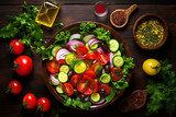 Top view of fresh salad on a rustic table, exemplifying healthy recipes and diets