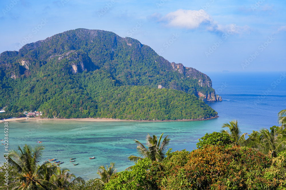 Aerial view of Loh Dalum Beach on Koh Phi Phi Don island in the Andaman Sea from Viewpoint 2 in the Province of Krabi, Thailand