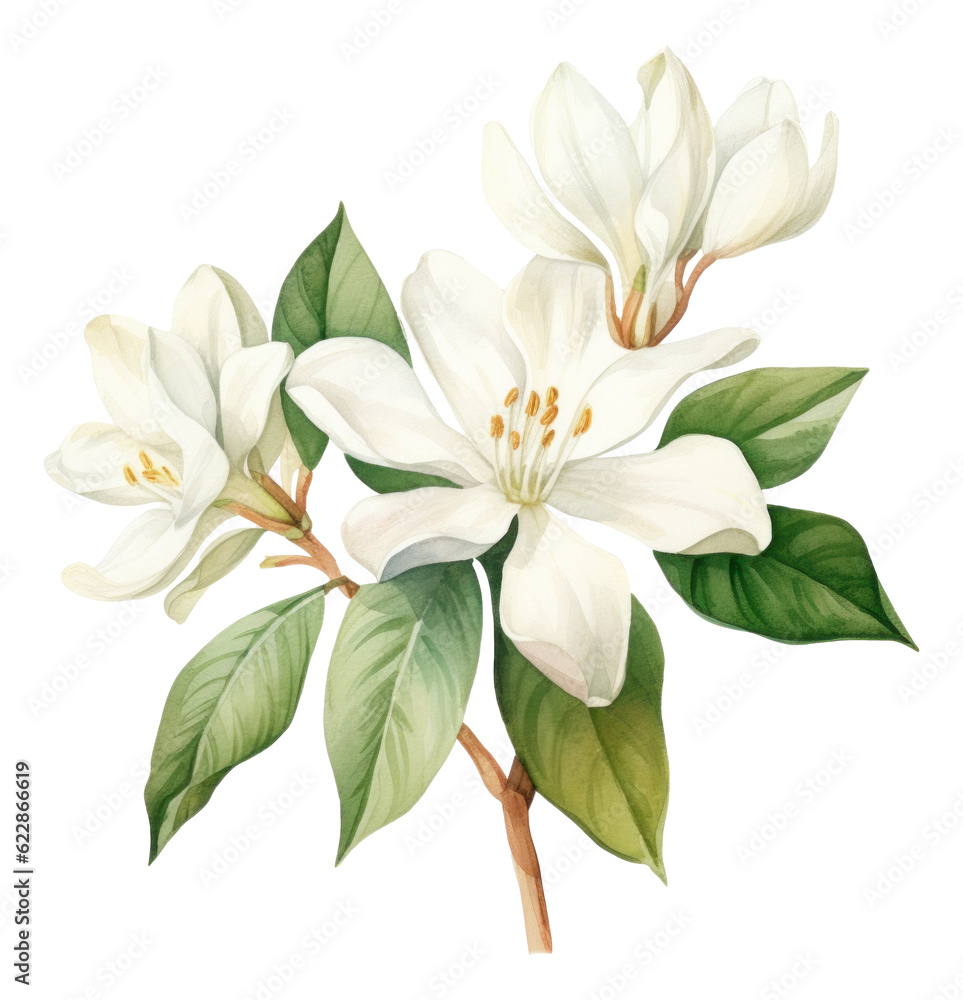 Watercolor white jasmine flower isolated.