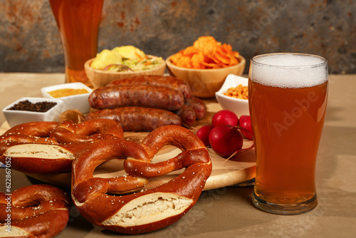 Glass of cold beer and different snacks on brown background. Oktoberfest celebration