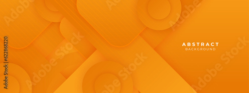 Orange color square pattern on banner with shadow. Abstract white and grey color geometric background with copy space.