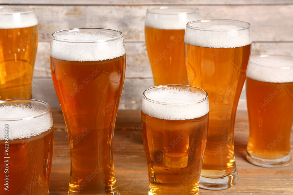 Glasses of cold beer on table. Oktoberfest celebration Glasses of cold beer on table. Oktoberfest celebration