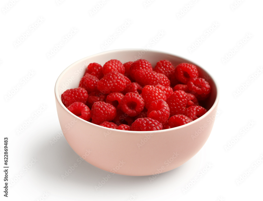 Bowl with fresh raspberries on white background Bowl with fresh raspberries on white background