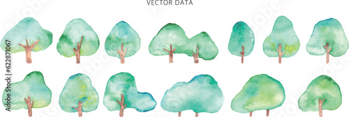 水彩画。水彩タッチの木のベクターイラスト。エコイメージの森背景。Watercolor painting. Vector illustration of tree with watercolor touch. Forest background with ecological image.