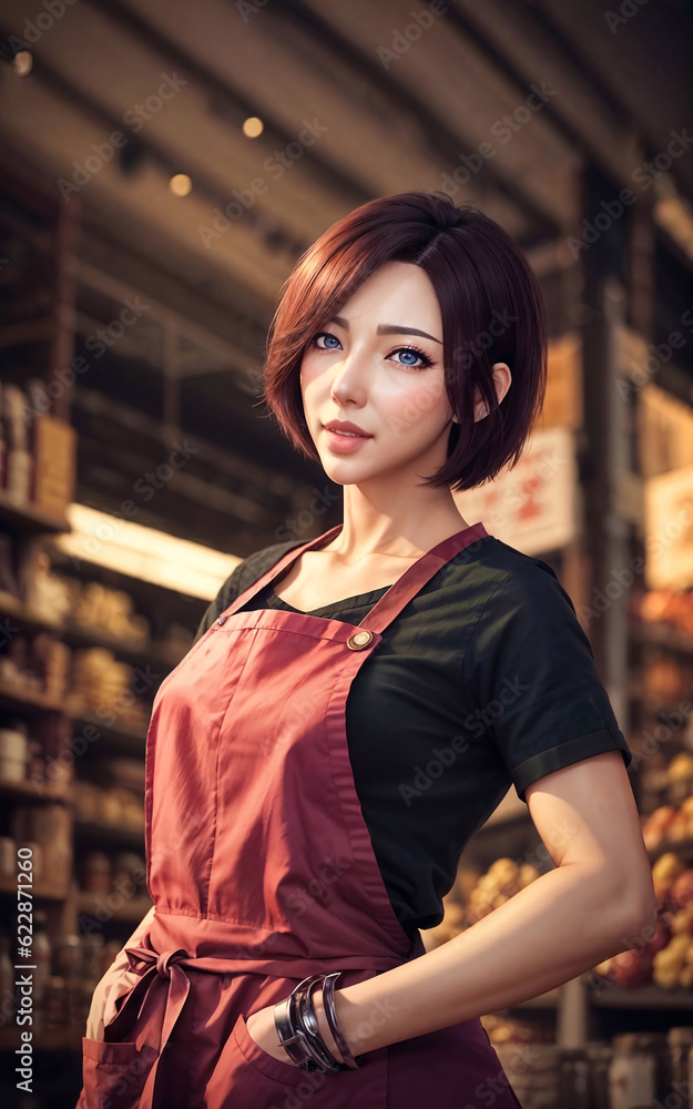 photo of beautiful woman as a shopkeeper at the market, generative AI photo of beautiful woman as a shopkeeper at the market, generative AI