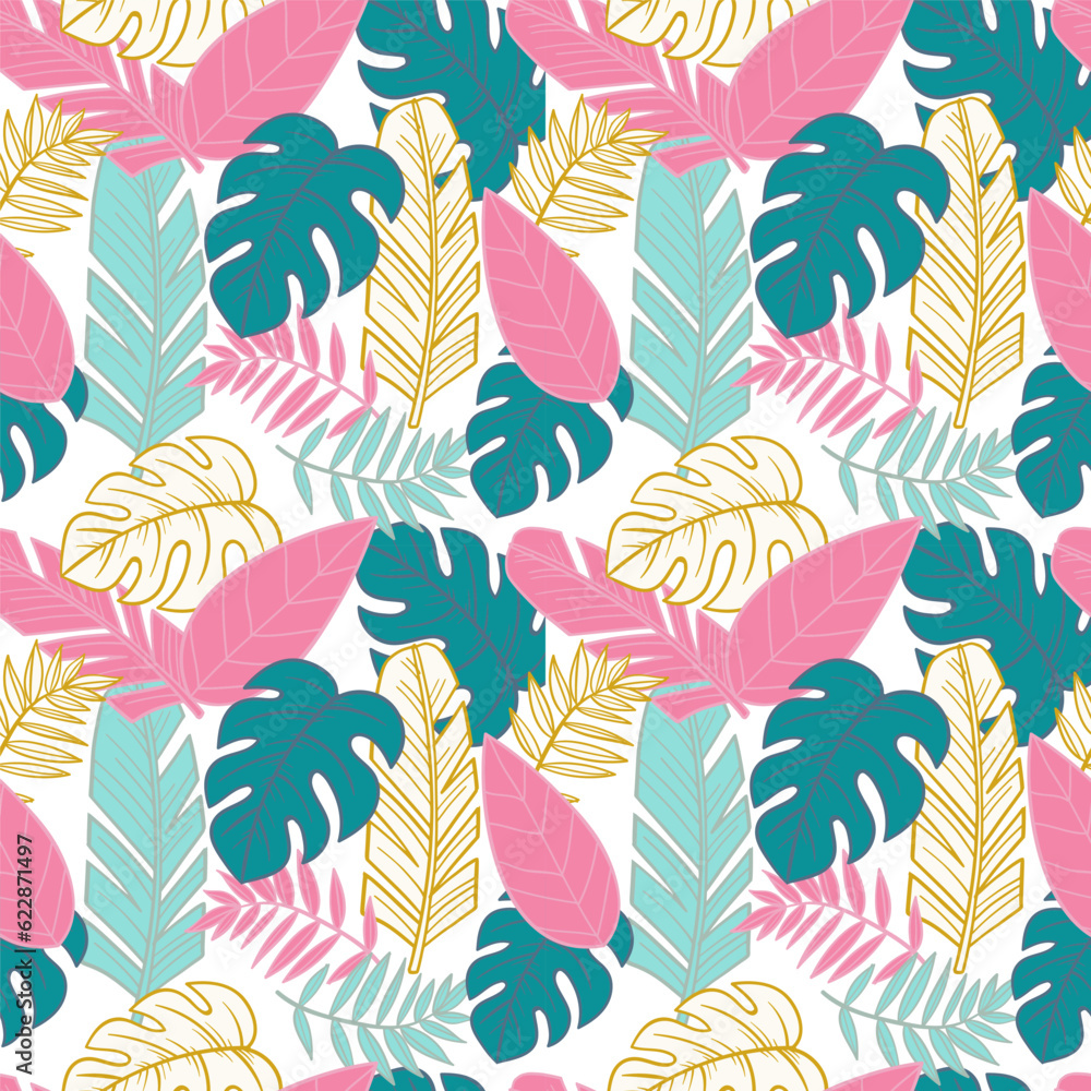Obraz premium Hand drawn summer leaves pattern with colored tropical leaves